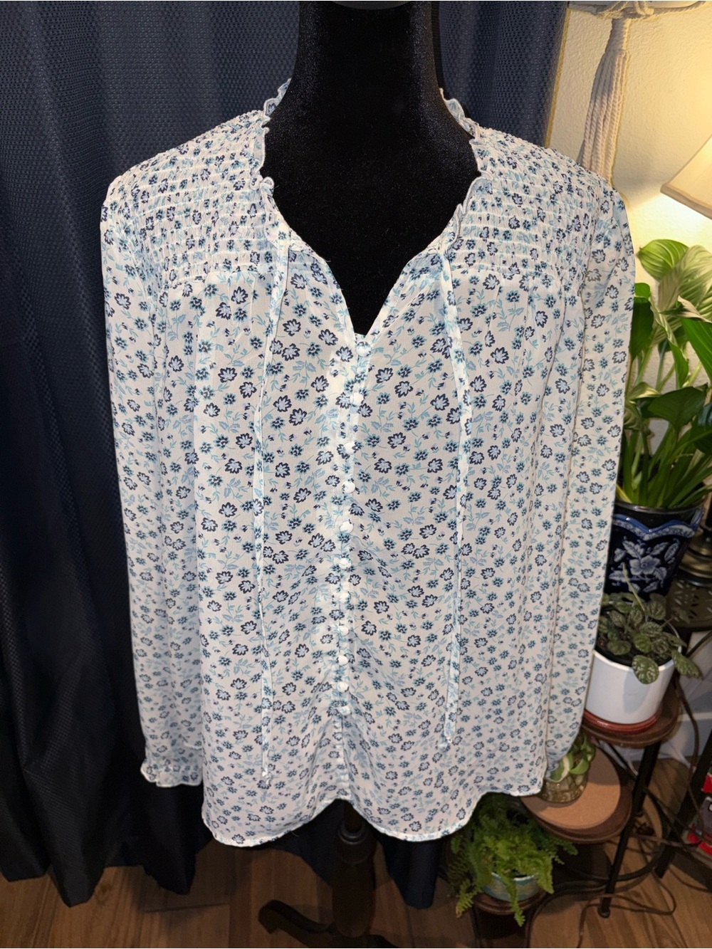 Lightweight White Peasant Blouse with Blue Floral Print